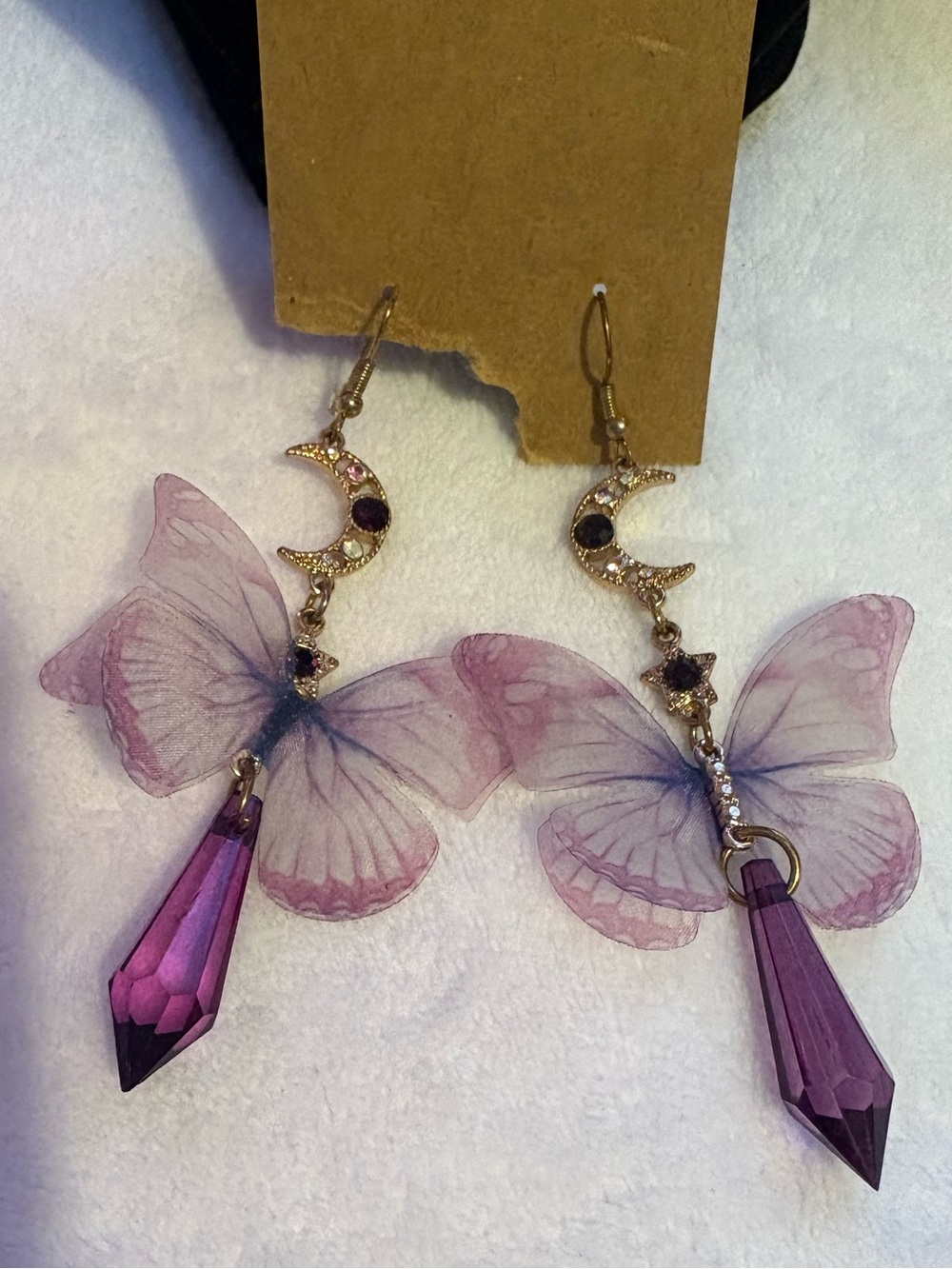 Gold Moon & Purple Butterfly Dangle Earrings
